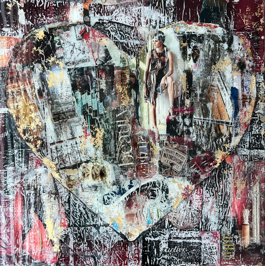 The art piece is a vibrant collage centered around a large heart shape filled with overlapping images and text in black, red, white, and grey tones with gold accents. 