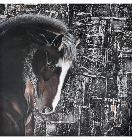 Close-Up Horse Portrait, Dark Brown and White, Abstract Collage of Gray Tones, Realism with Abstract Harmony
