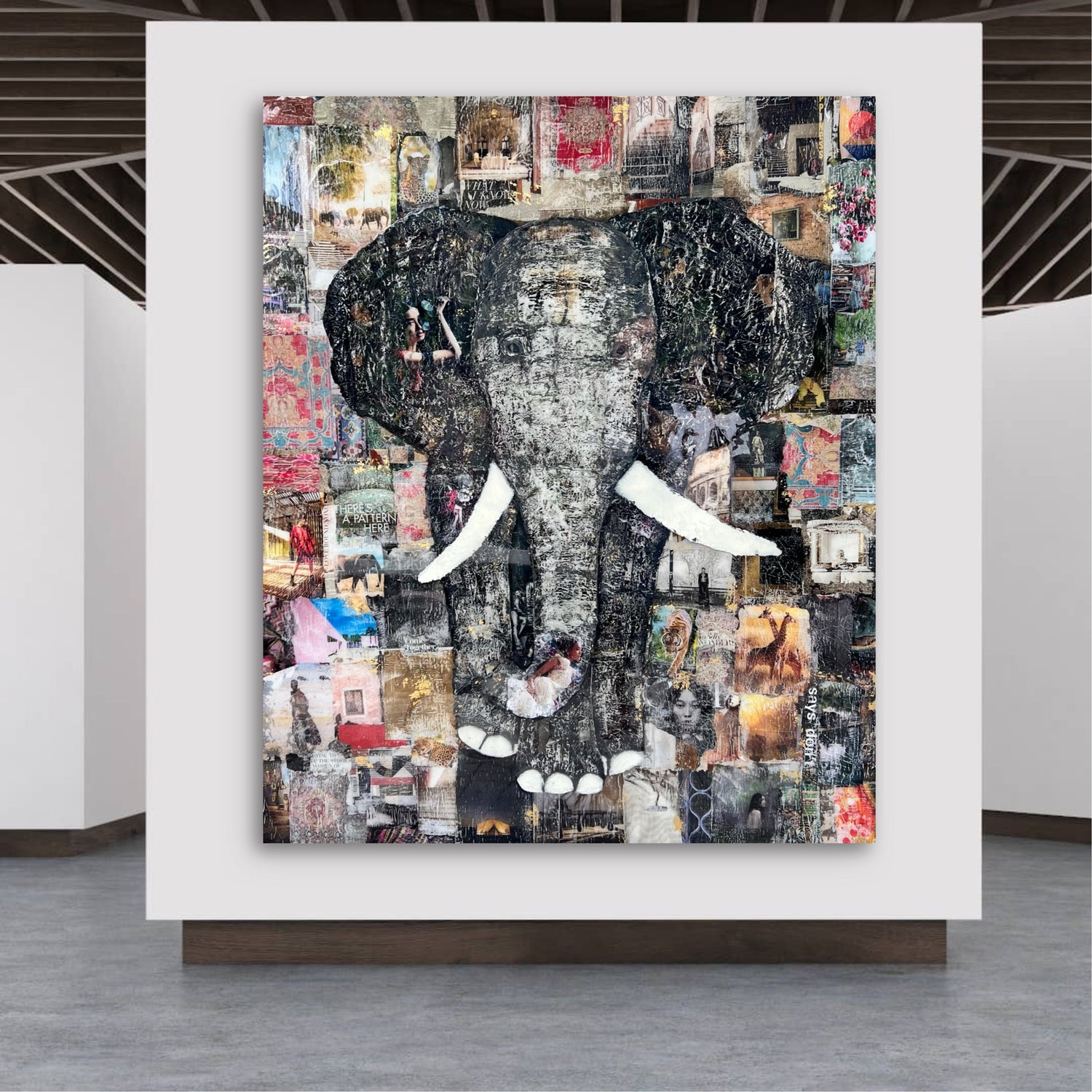 Contemporary elephant mixed media artwork created with layered collage techniques by south florida artist Margarita Vigne