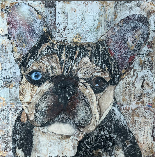 Commissioned French Bulldog mixed media portrait by Margarita Vigne with textured layered surface and expressive blue and brown eyes