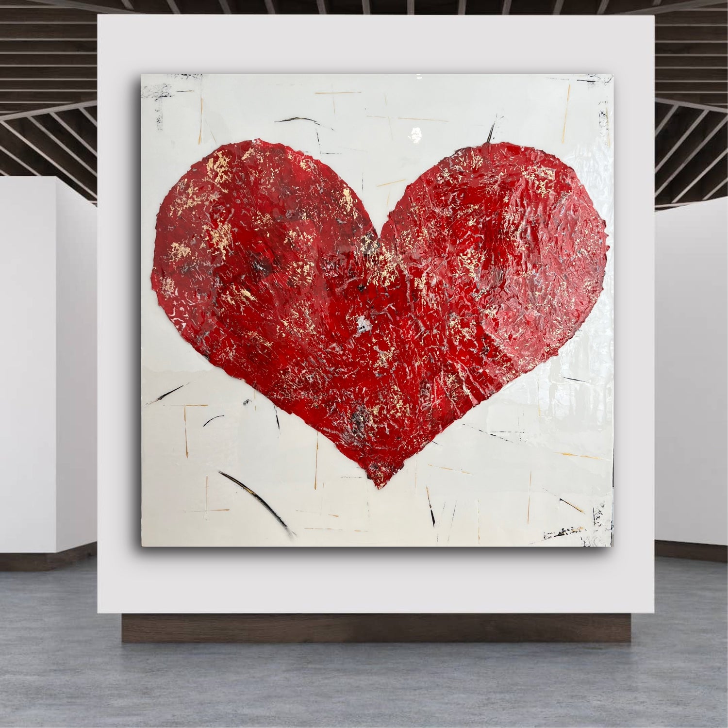 Contemporary red heart mixed media artwork by Margarita Vigne featuring layered texture and abstract collage Techniques