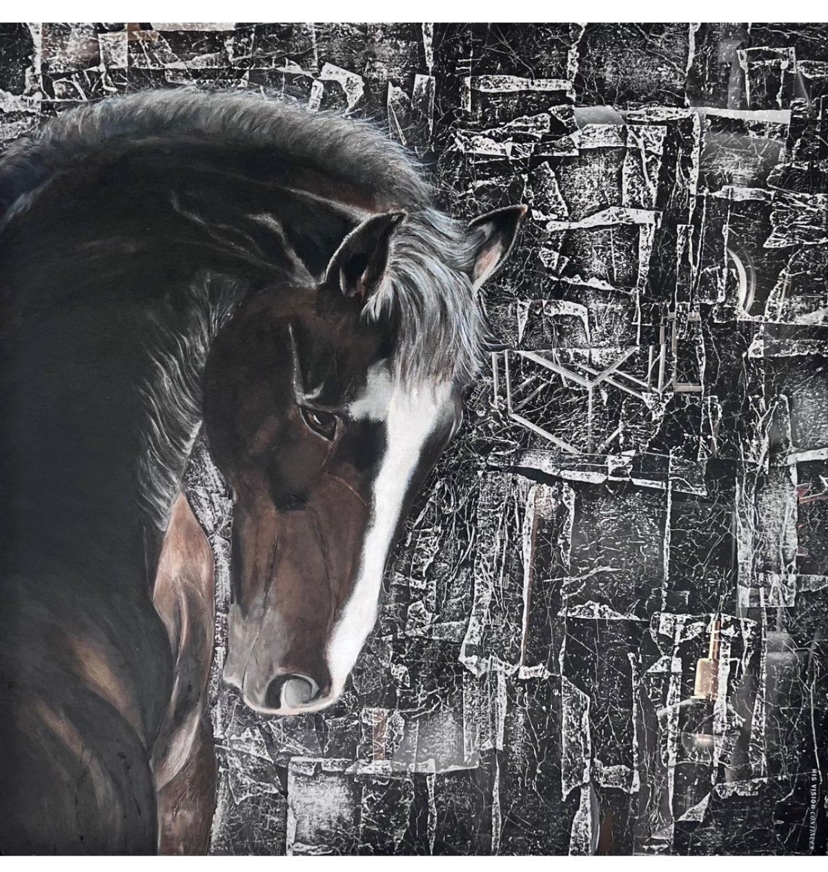 Portrait painting of Antonello, a majestic horse, with a textured abstract background