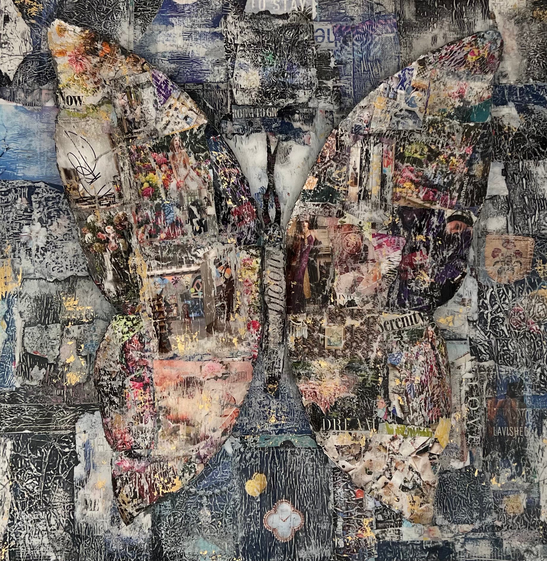 Large textured butterfly mixed media collage on wood panel, contemporary statement art for modern interiors by M Vigne Arts