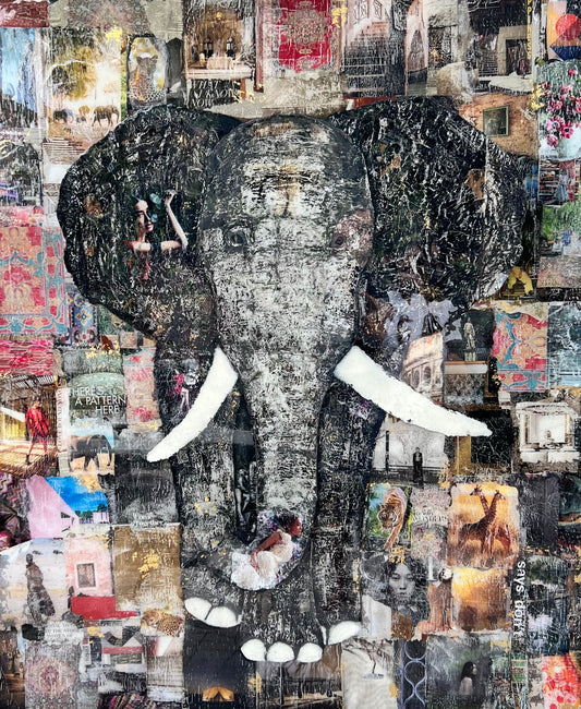Mixed media elephant collage portrait on wood panel with layered magazine textures, contemporary African inspired artwork by M Vigne Arts