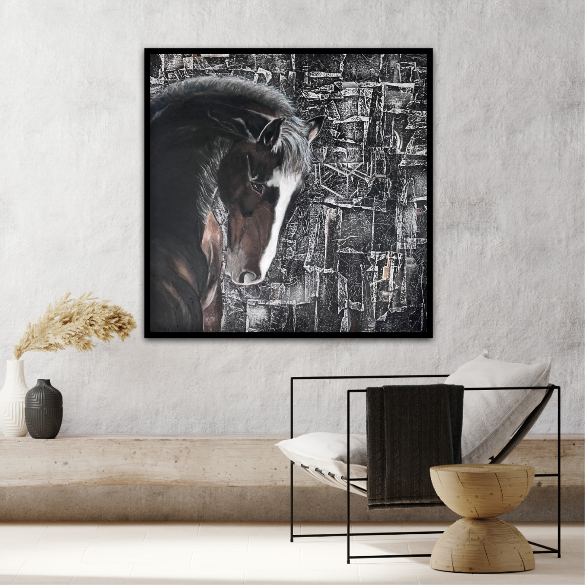 Elegant horse painting on canvas, capturing the beauty of Antonello with an abstract backdrop for a sophisticating decor