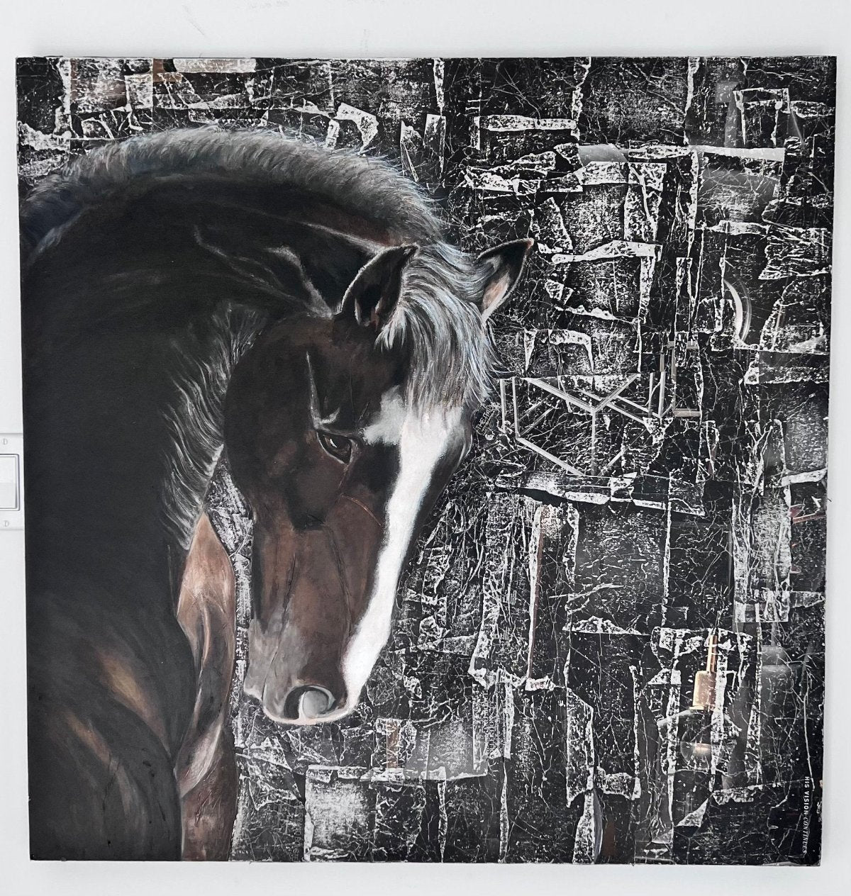 Majestic horse artwork with intricate details and a textured black-and-white background