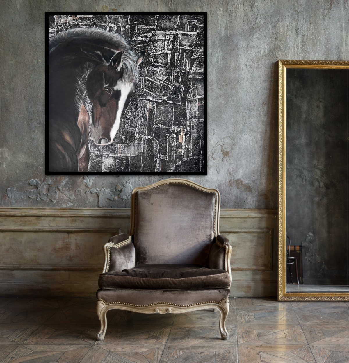 Mixed media horse painting featuring Antonello, a graceful horse with a striking abstract backdrop in a luxurious setting