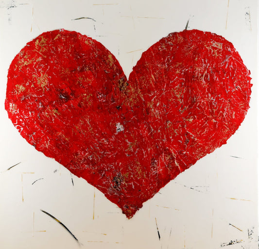 Red textured heart mixed media collage on wood panel, contemporary love artwork by M Vigne Arts