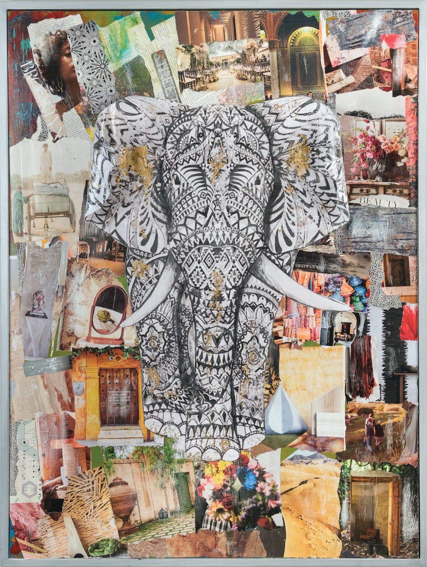 3D elephant Mixed media collage wall art